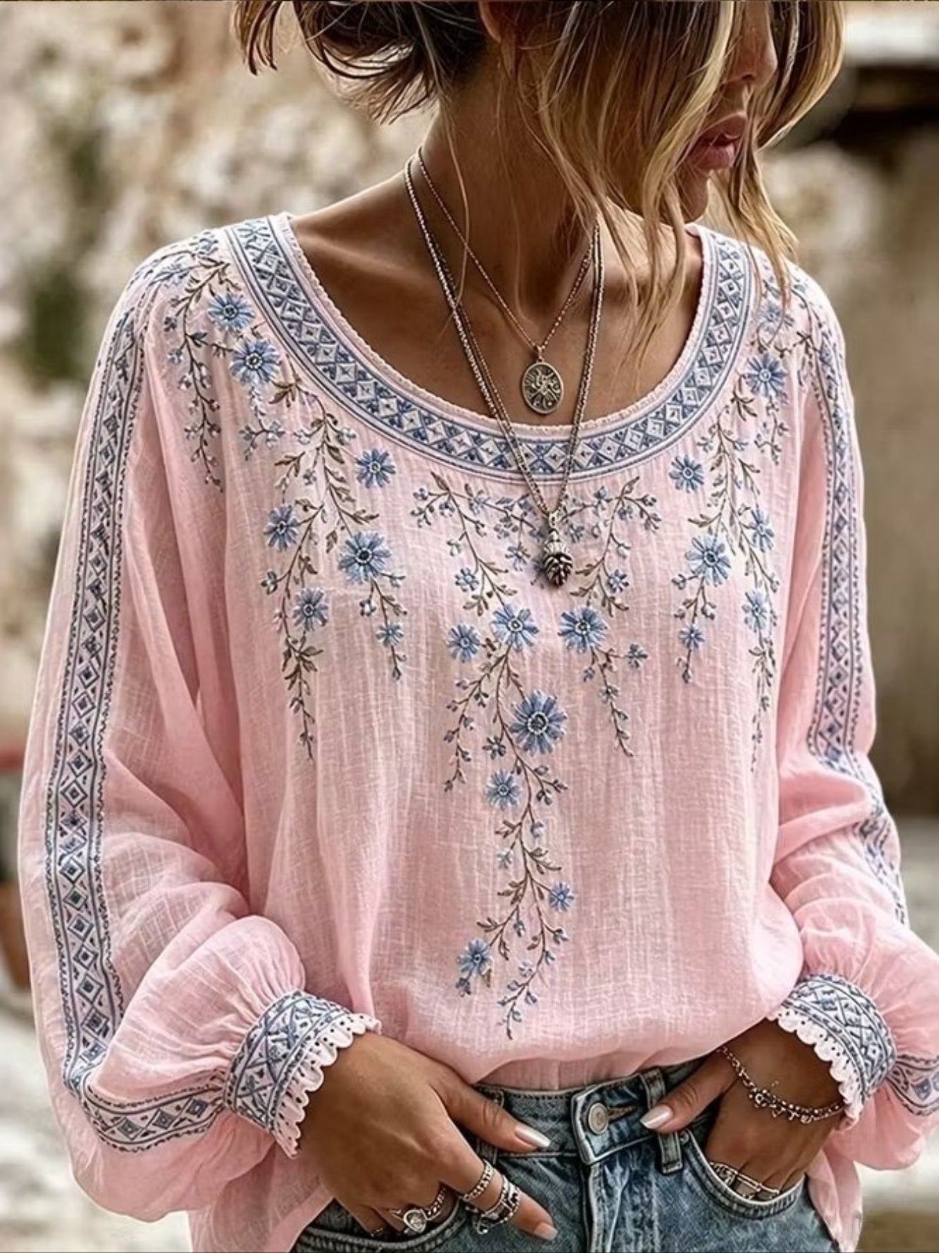 Vines Floral Crew Neck Long Sleeve Blouse