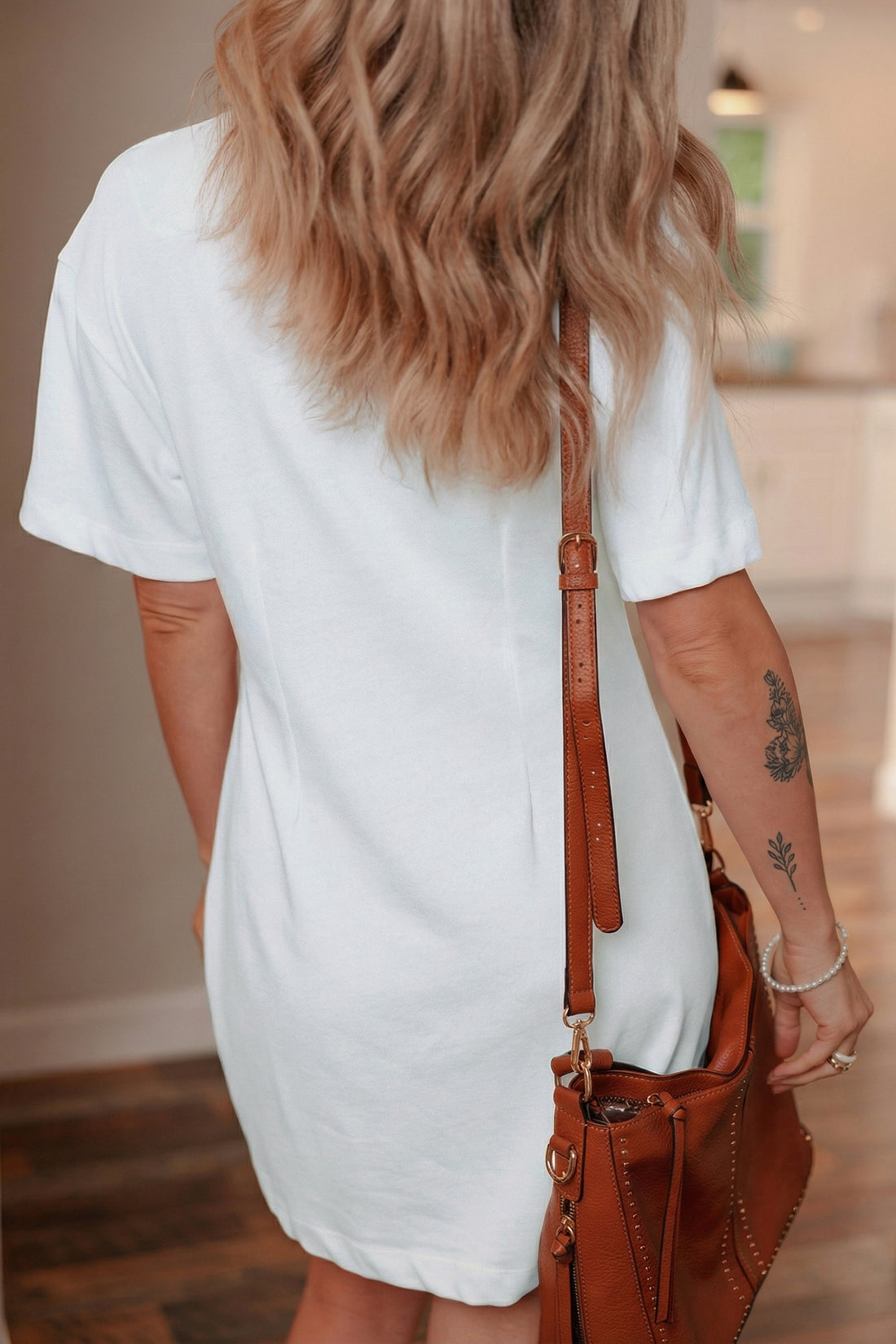 White Drop Shoulder Crew Neck Shift T Shirt Dress