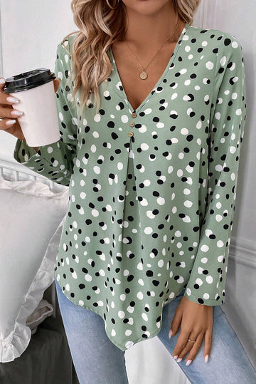 Green Polka Dot Print Button Front V Neck Blouse