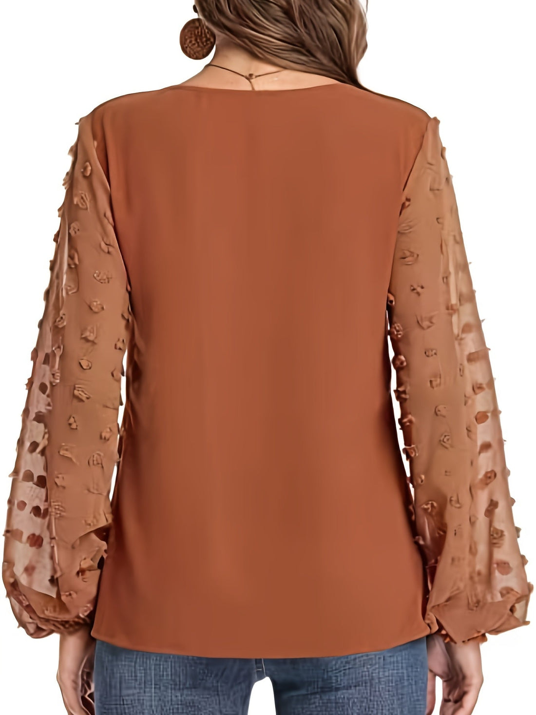 Swiss Dot Sleeve Shirt, Casual V Neck Solid Shirt