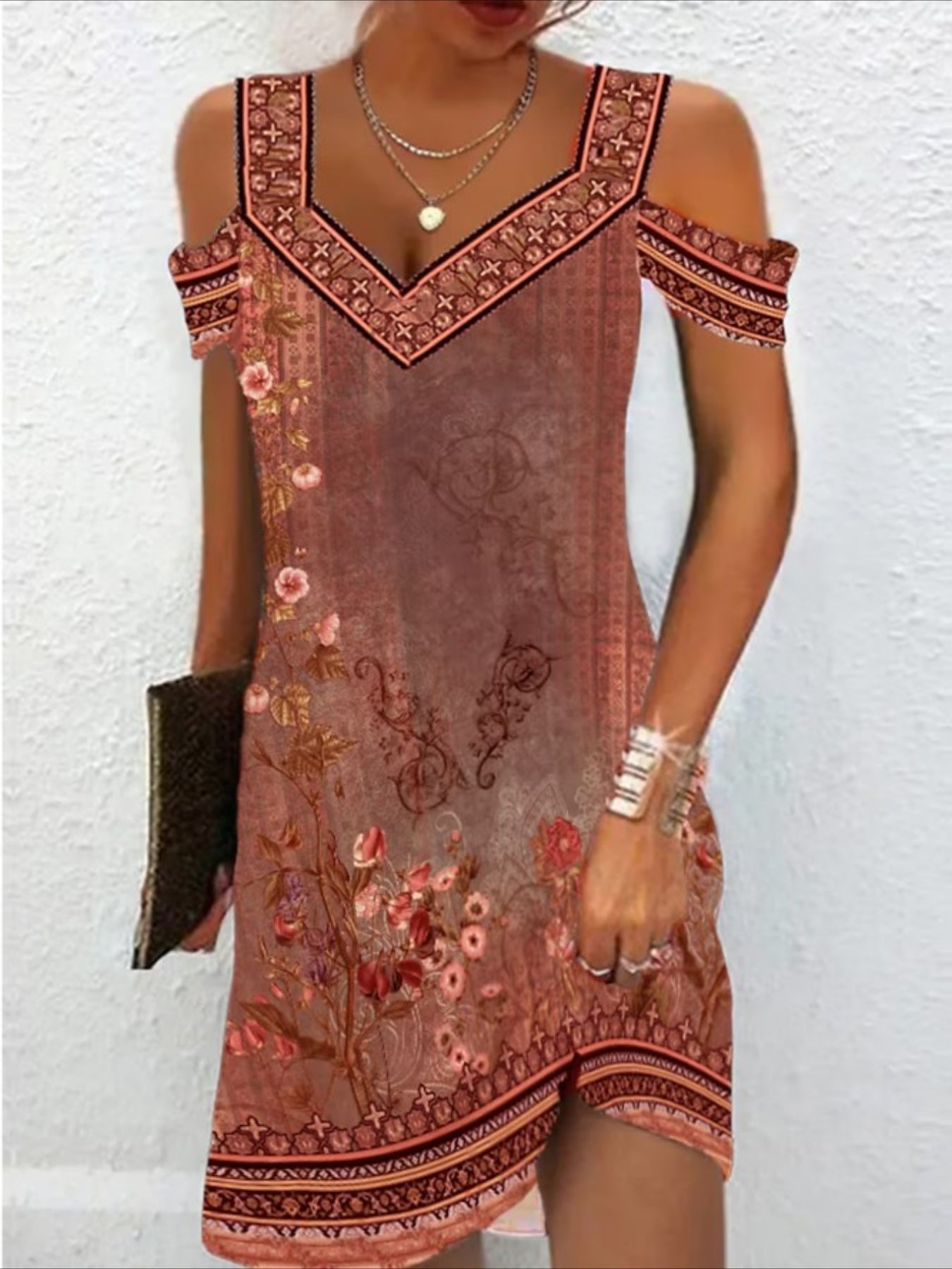 Chic Blossom Cold-Shoulder Dress, Effortless V-Neck Fit, Short Sleeves, Perfect for Casual Outings