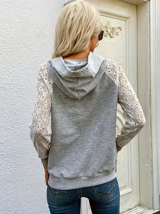 Lace Panel Kangaroo Pocket Hoodie, Casual Long Sleeve Drawstring Hoodie Sweatshirt
