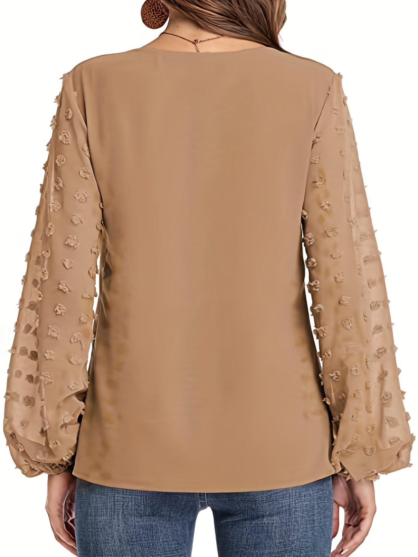 Swiss Dot Sleeve Shirt, Casual V Neck Solid Shirt