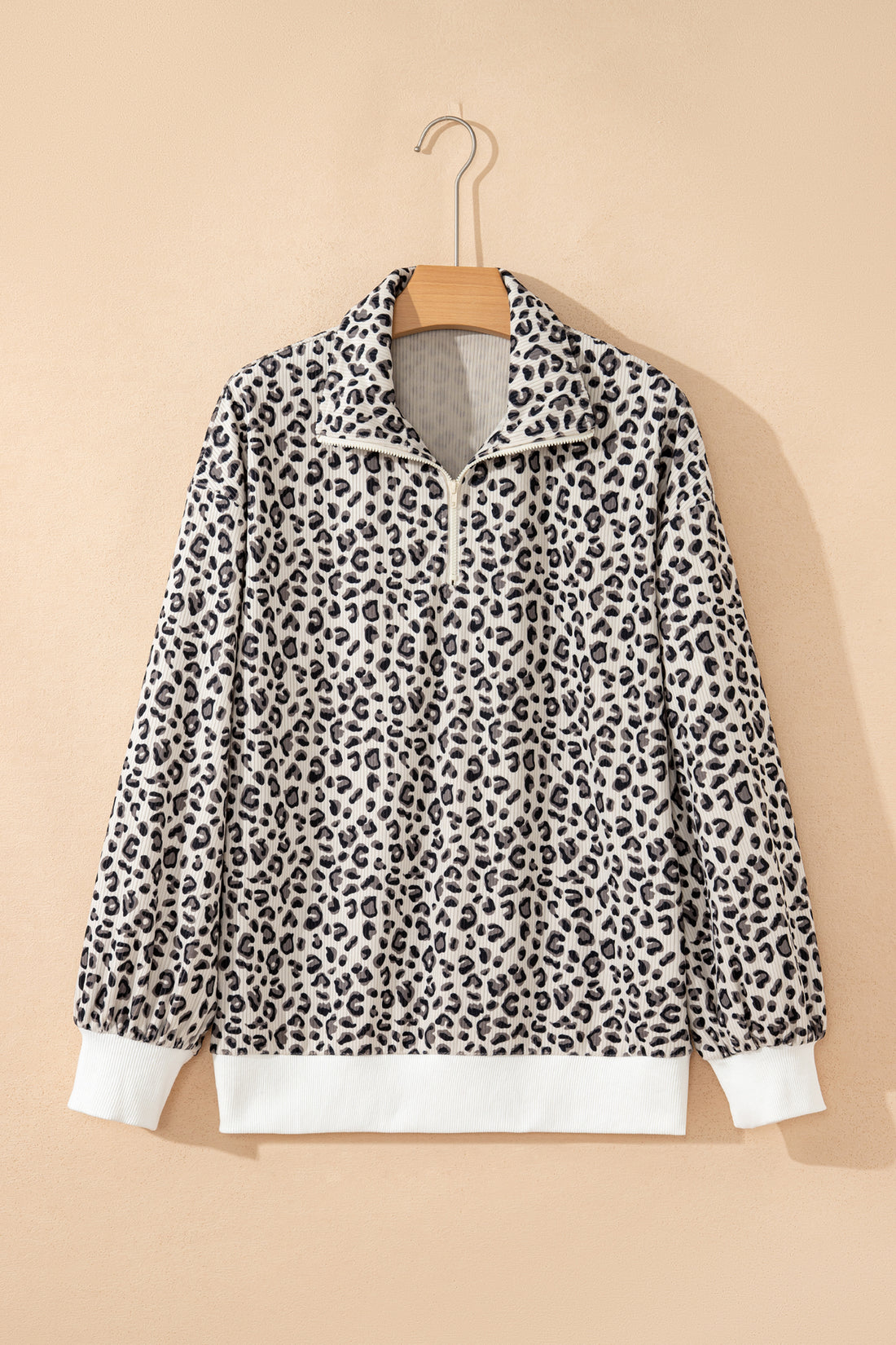 Beige Leopard Print Quarter Zip Corduroy Sweatshirt