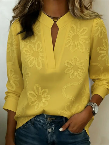 V-Neck Button-Down Printed Long-Sleeve Shirt