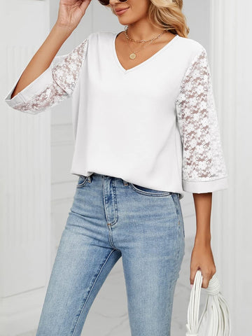 Casual 3/4 Sleeve Lace Chiffon Solid T-Shirt
