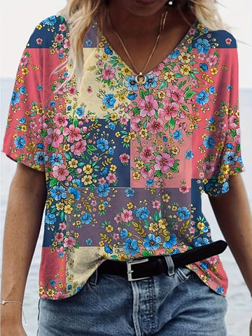 Floral Print V Neck T-Shirt, Short Sleeve Casual Top