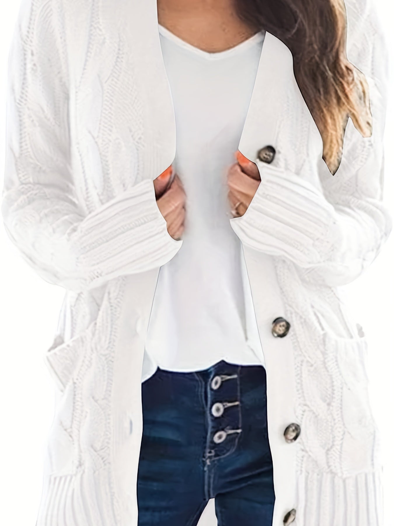 Cable Knit Button Front Cardigan, Casual Solid Long Sleeve Cardigan