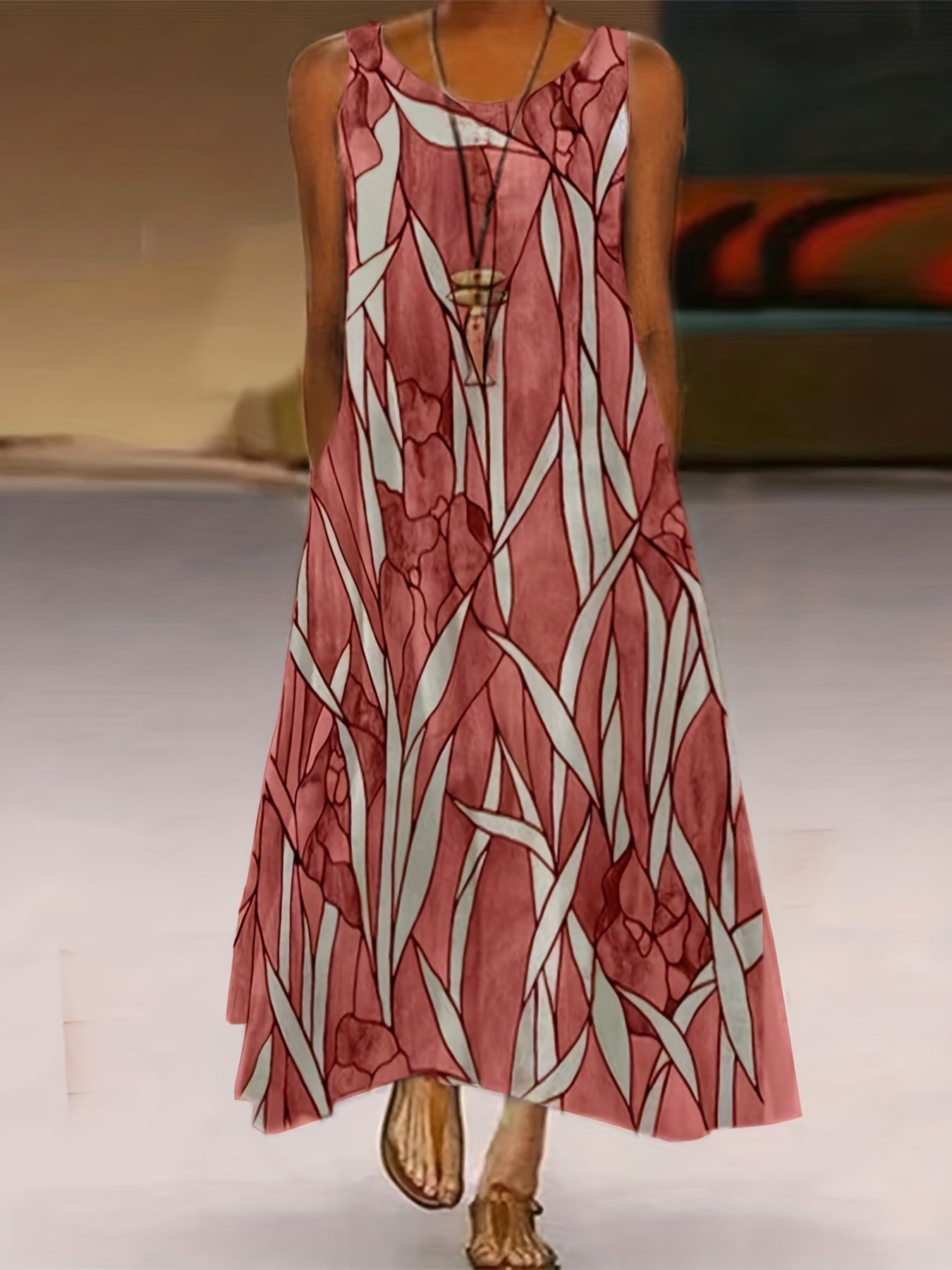 Flower & Leaf Print Sleeveless Round Neck Medium Stretch Maxi Cami Dress With Pockets