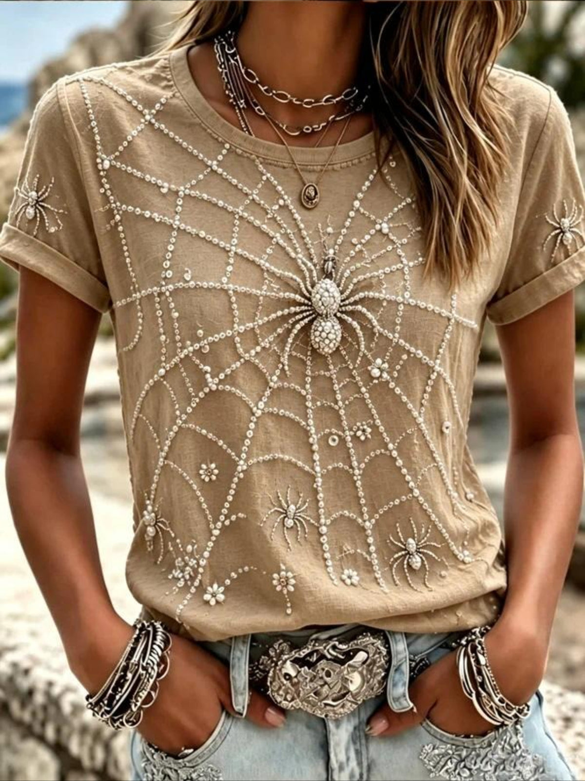 100% Cotton Casual Spider Graphic Printing Crew Neck Short Sleeve T-shirt