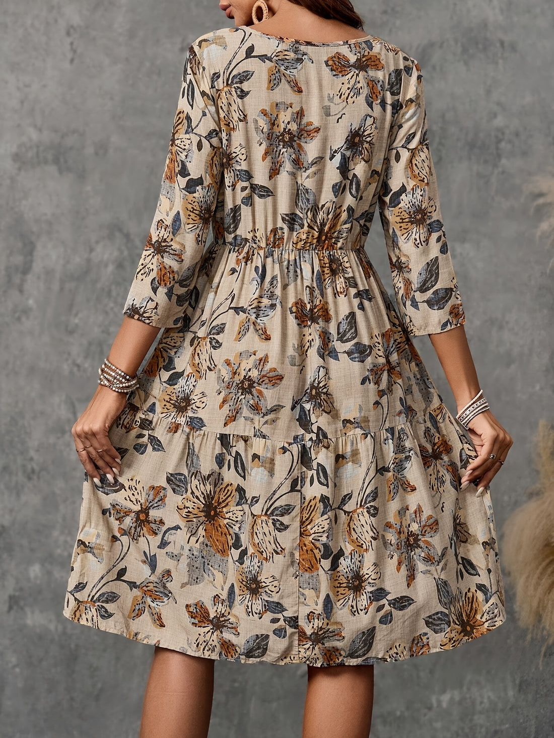 Elegant Floral Print Dress for Women - Crew Neck, 3/4 Sleeve, Polyester, Machine Washable