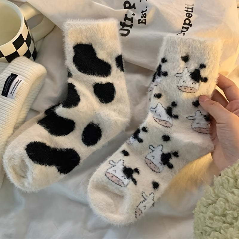 Cute Cow Spots Print Socks, Thickened & Warm Coral Fleece Socks