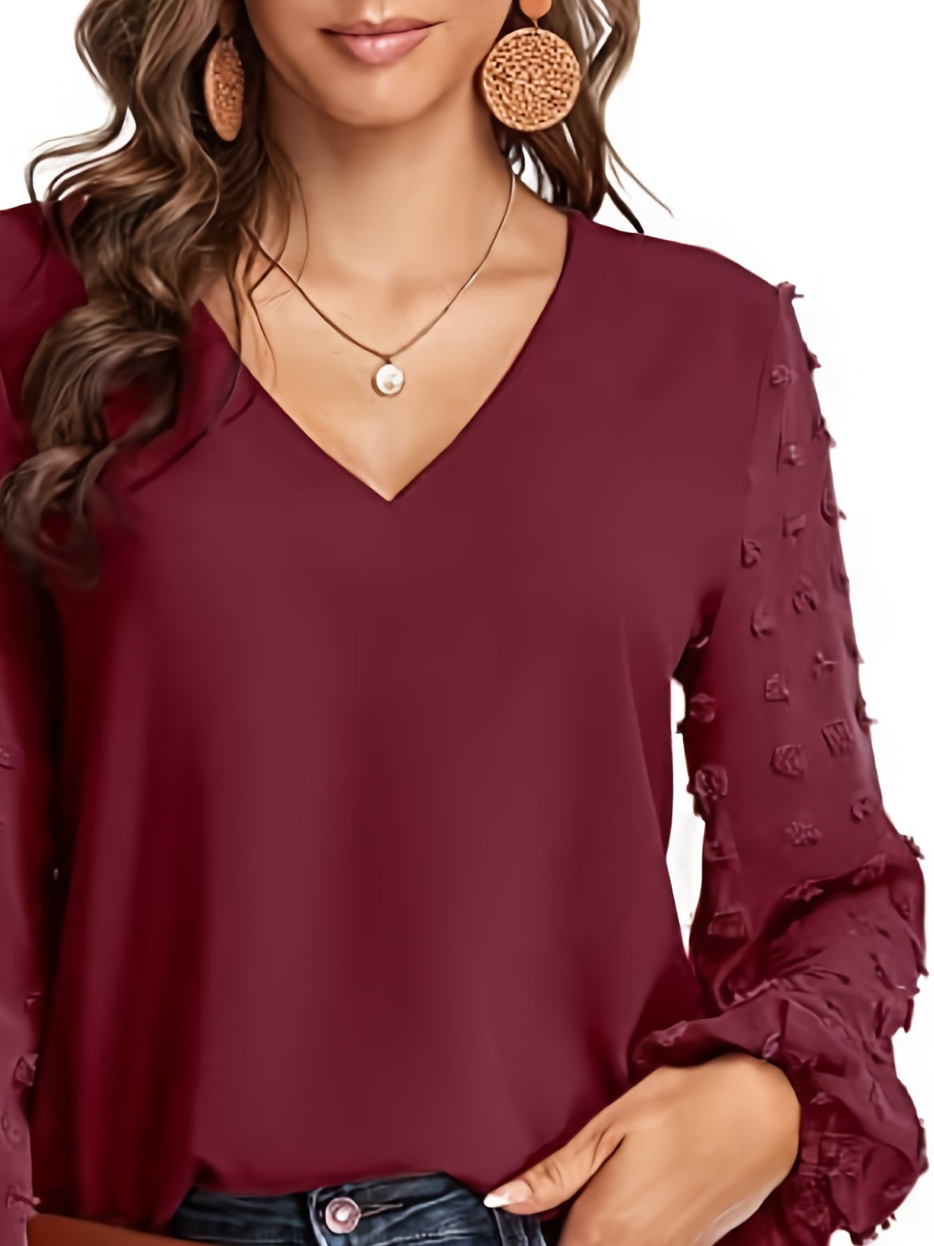 Swiss Dot Sleeve Shirt, Casual V Neck Solid Shirt