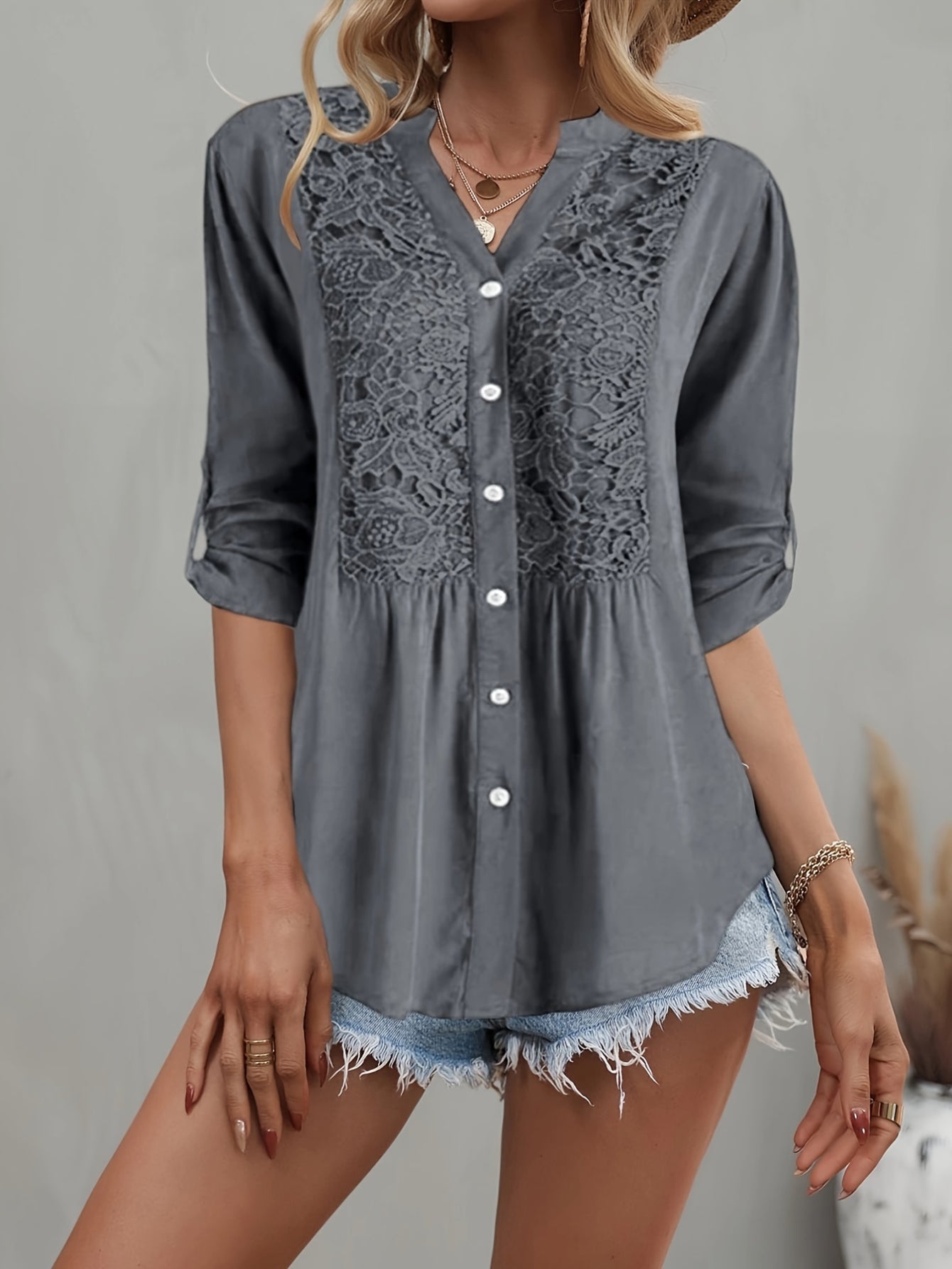 Vintage Lace Splicing Button Front Blouse - Half Sleeve Notched Neck Top