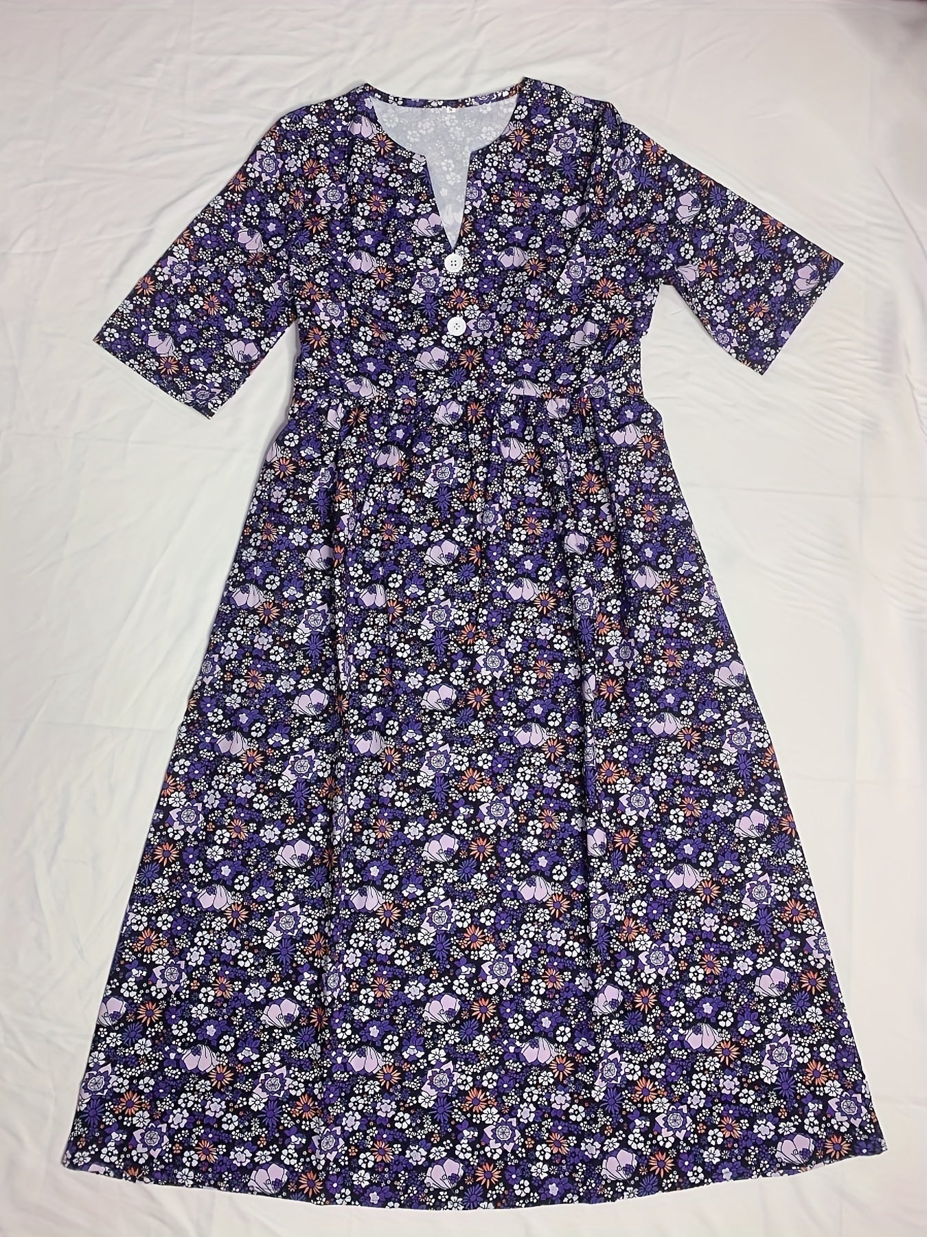 Ditsy Floral Print V Neck Dress, Casual Ruched Summer Dress With Pockets