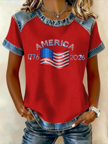 250th Anniversary Of The Founding Of the United States Short Sleeve Text Letters Printing Jersey Crew Neck T-shirt