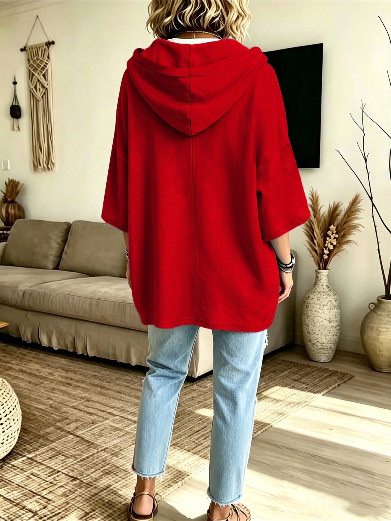 Seven-quarter Sleeves Solid Color Casual Hooded Sweatshirt