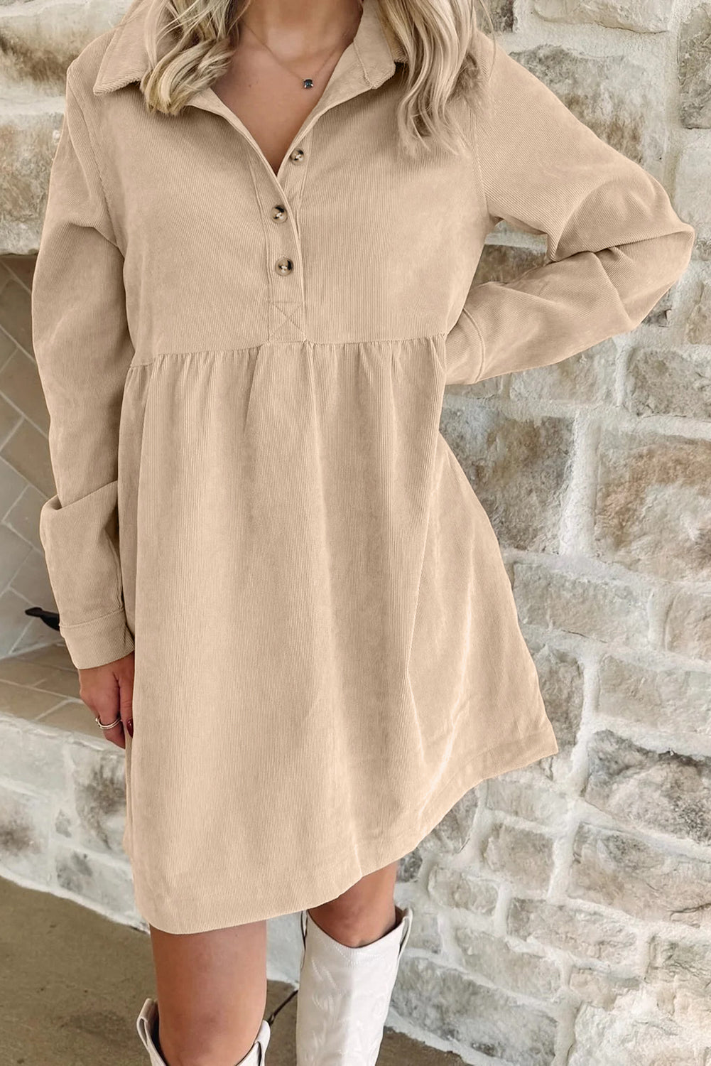 Dear Lovers Oatmeal Corduroy Half Button Collared Long Sleeve Mini Dress