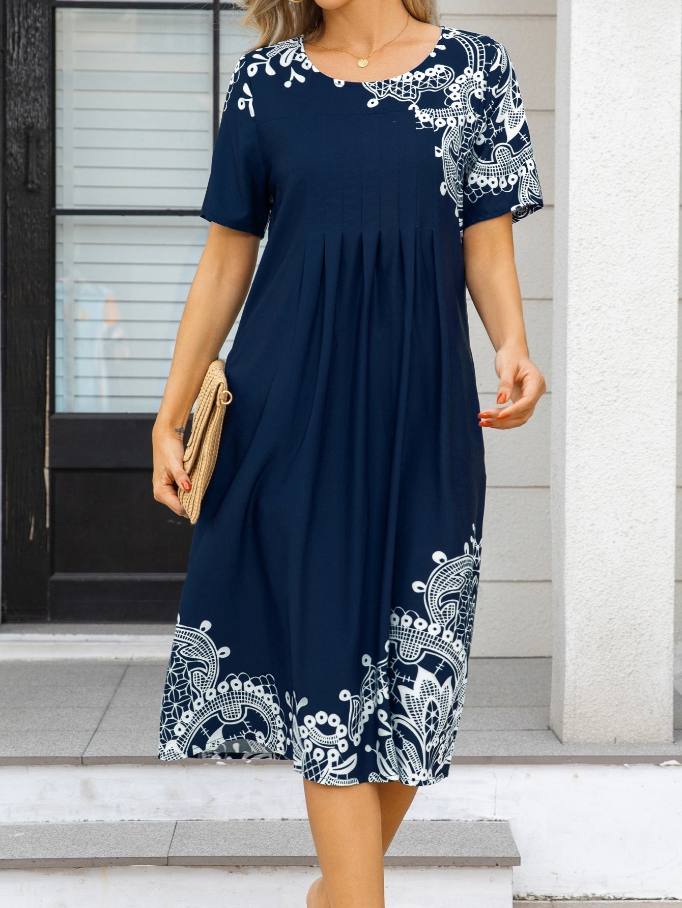 Mandala Print Short Sleeve Tucked Dress, Casual Crew Neck Dress