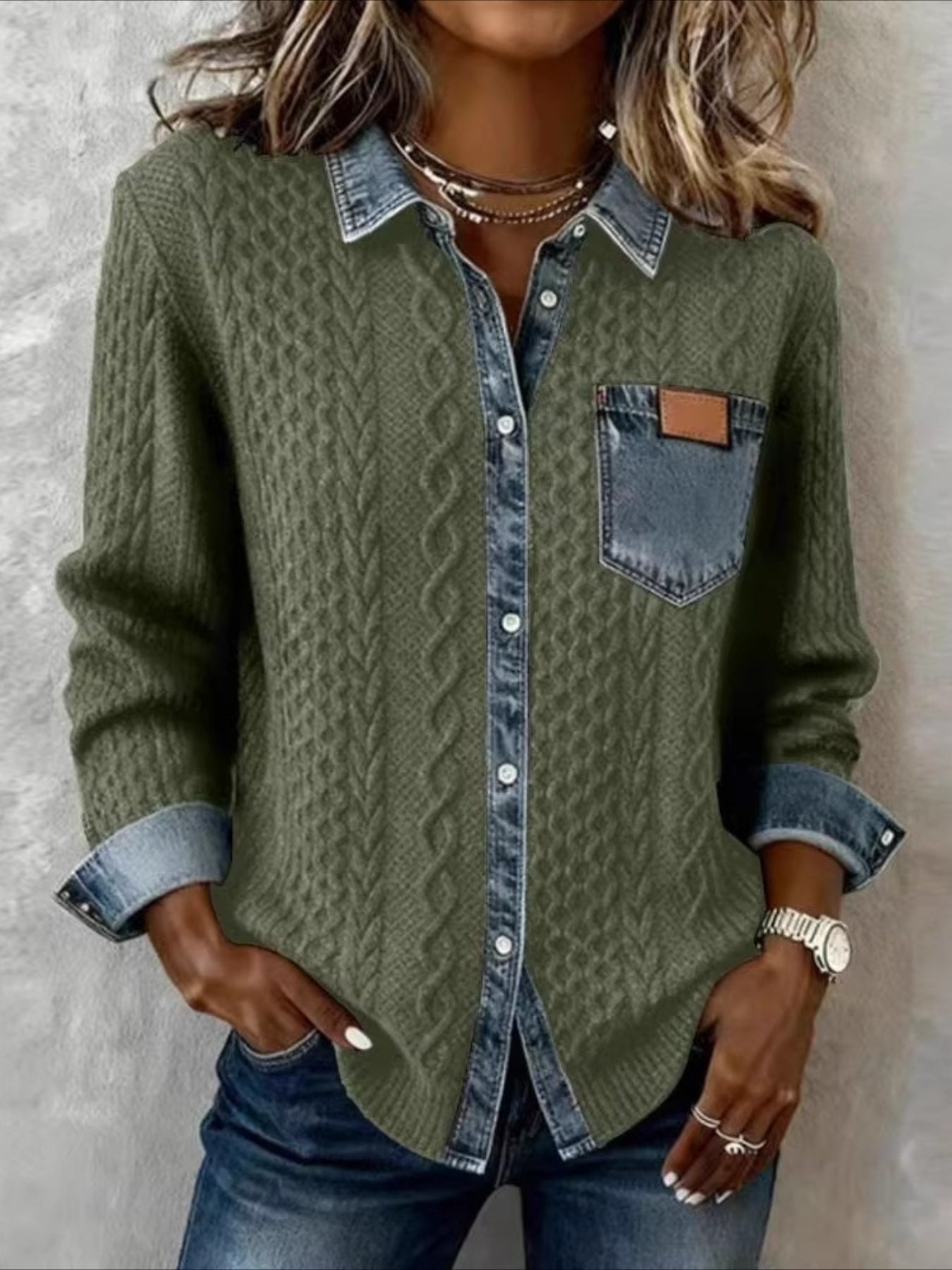 Multicolor Block Denim Patchwork Elegant Loose Shawl Collar Cardigan