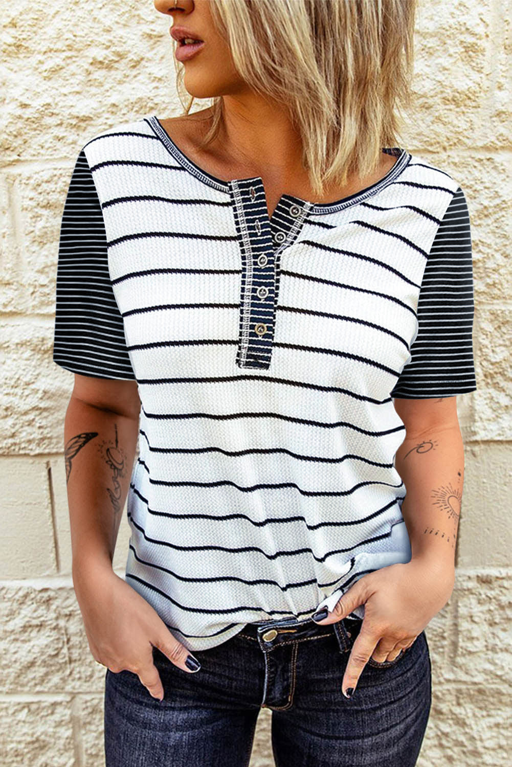 White Striped Colorblock Buttons T Shirt