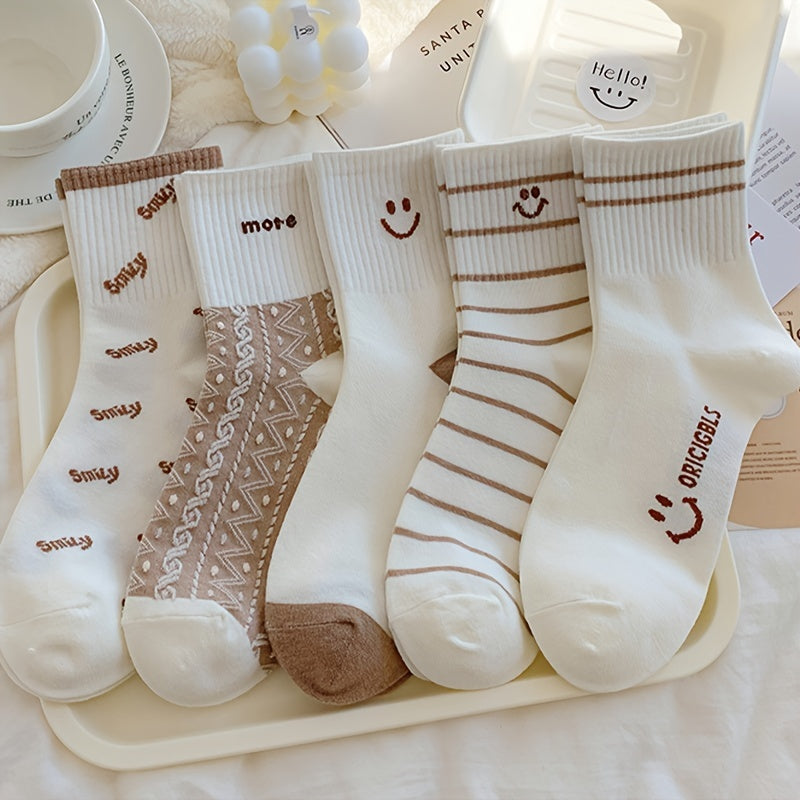 5 Pairs Cute Smiling Print Socks, Comfy & Soft Crew Sports Socks