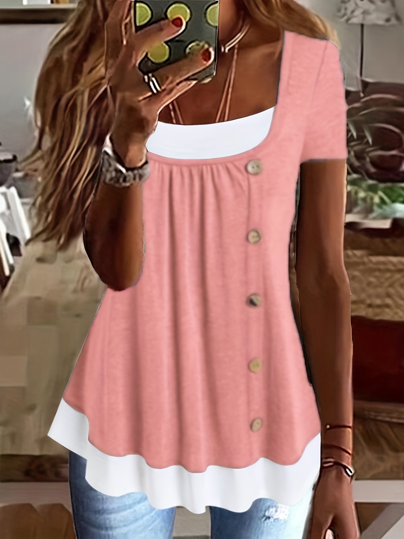 2 In 1 Color Block Button Front T-shirt, Casual Short Sleeve T-Shirt