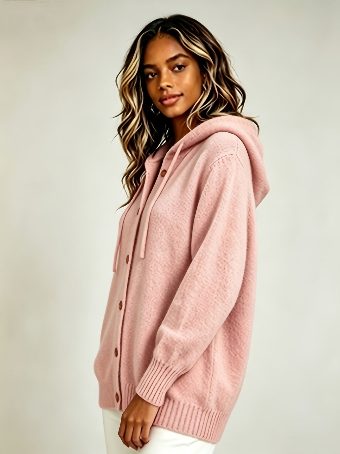Solid Color Casual Hooded Cardigan Coat with Buttons