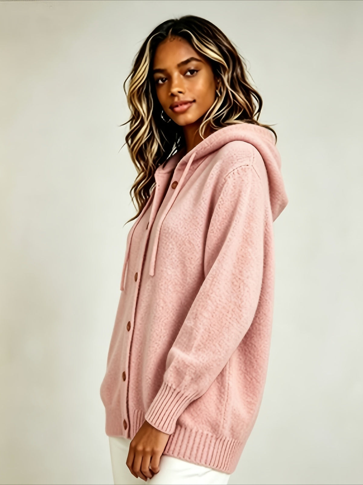 Solid Color Casual Hooded Cardigan Coat with Buttons
