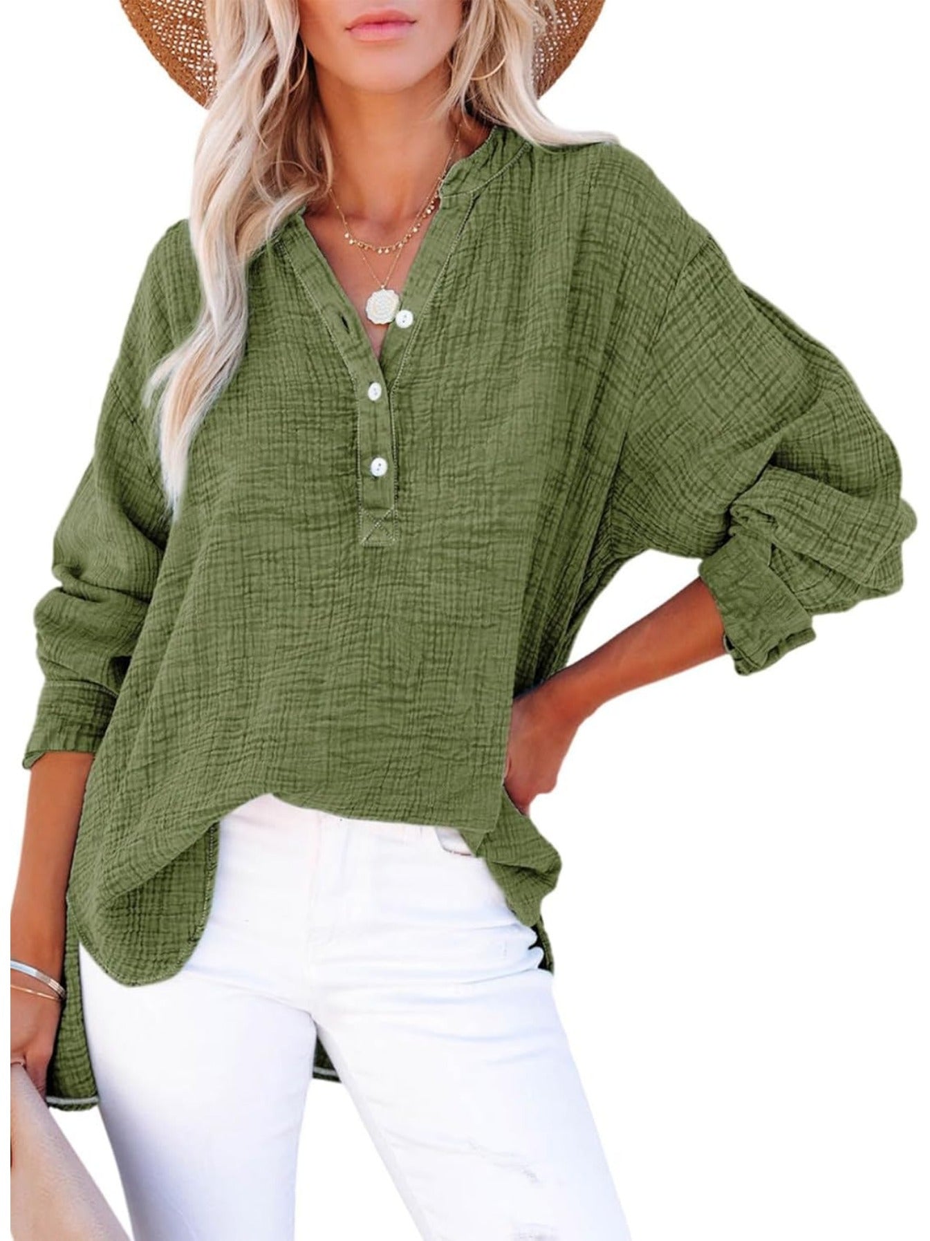 Long Sleeve Button Solid Color Pleated Detail Casual Oversized V-Neck Blouse