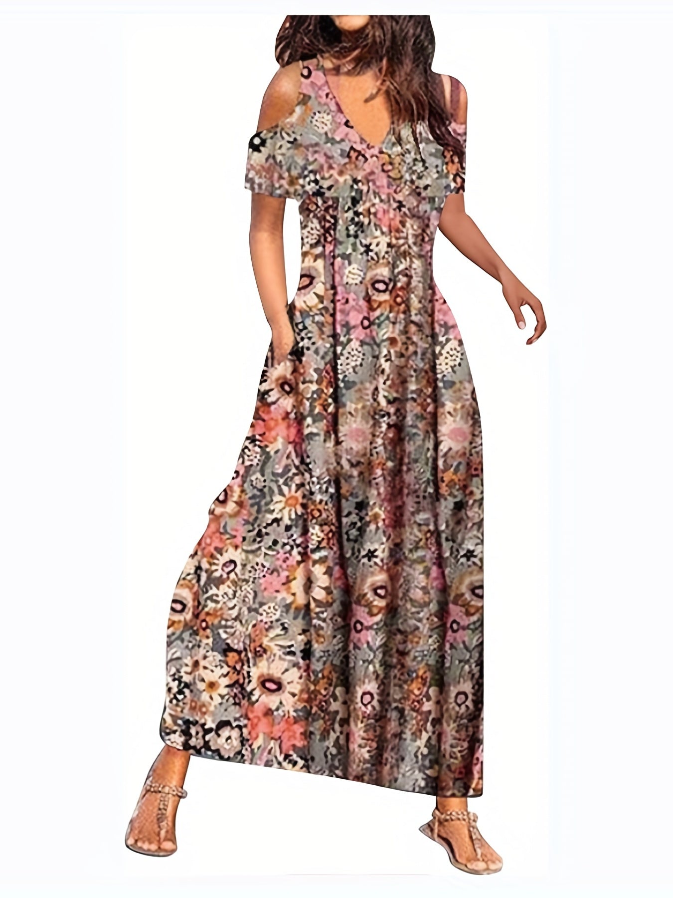 Floral Print Cold Shoulder Dress, Boho Casual V Neck Short Sleeve Ankle Dress