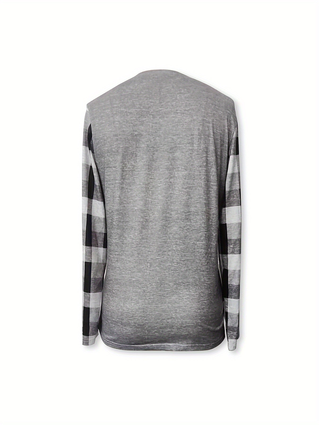 Plaid Heart Print V Neck T-Shirt, Casual Long Sleeve Top