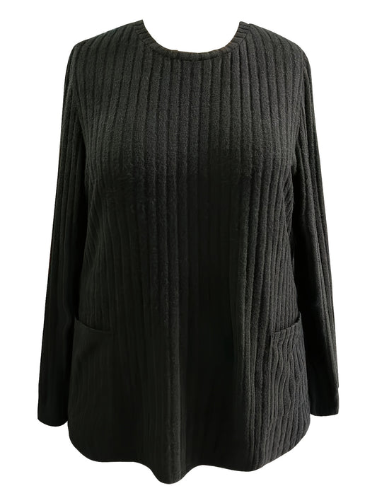 Casual Top, Women's Solid Ribbed Long Sleeve Round Neck Medium Stretch Top With Pockets