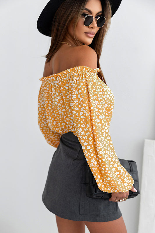 Yellow Floral Print Frill Trim Off-shoulder Lantern Sleeve Blouse