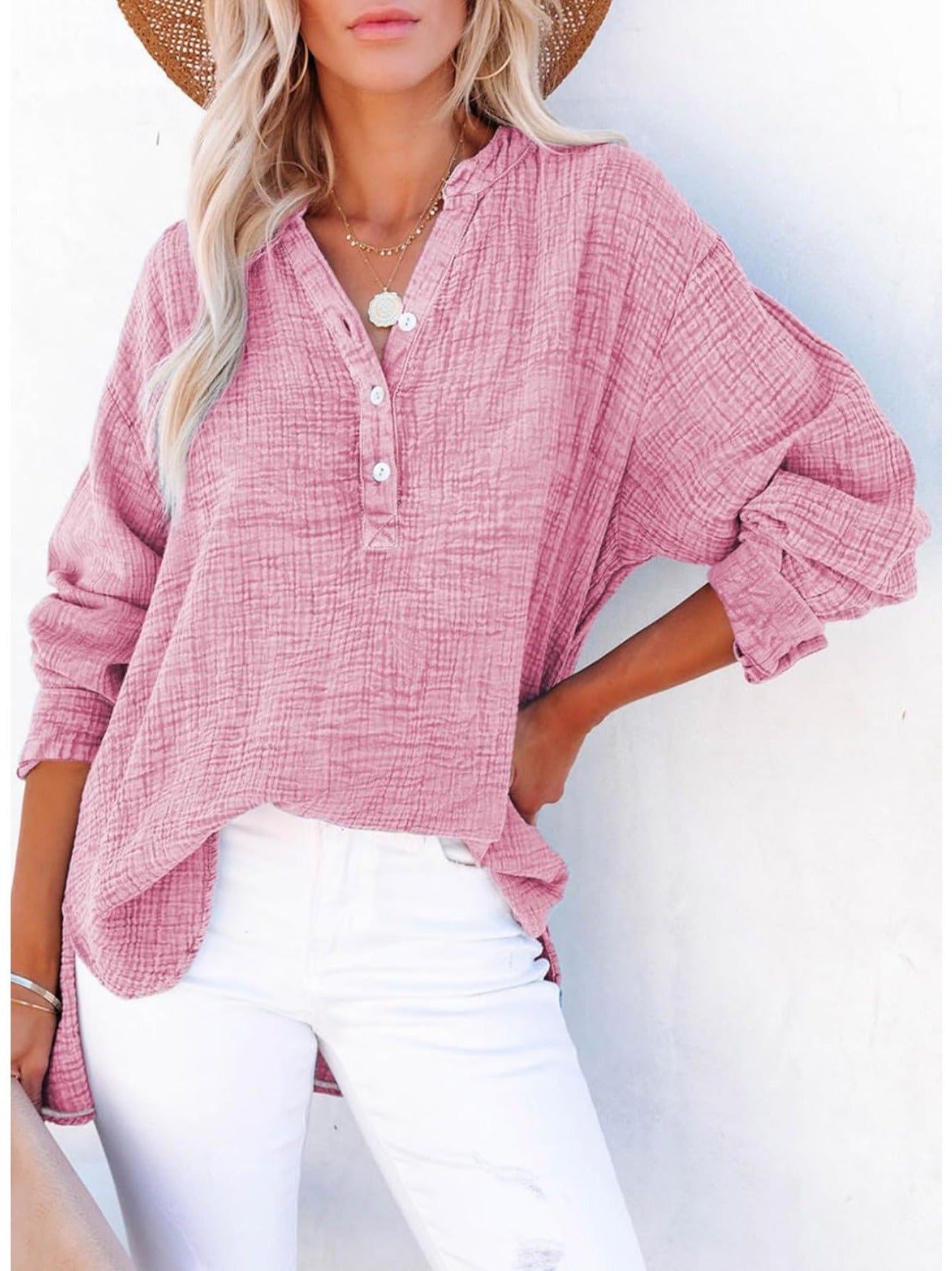 Long Sleeve Button Solid Color Pleated Detail Casual Oversized V-Neck Blouse