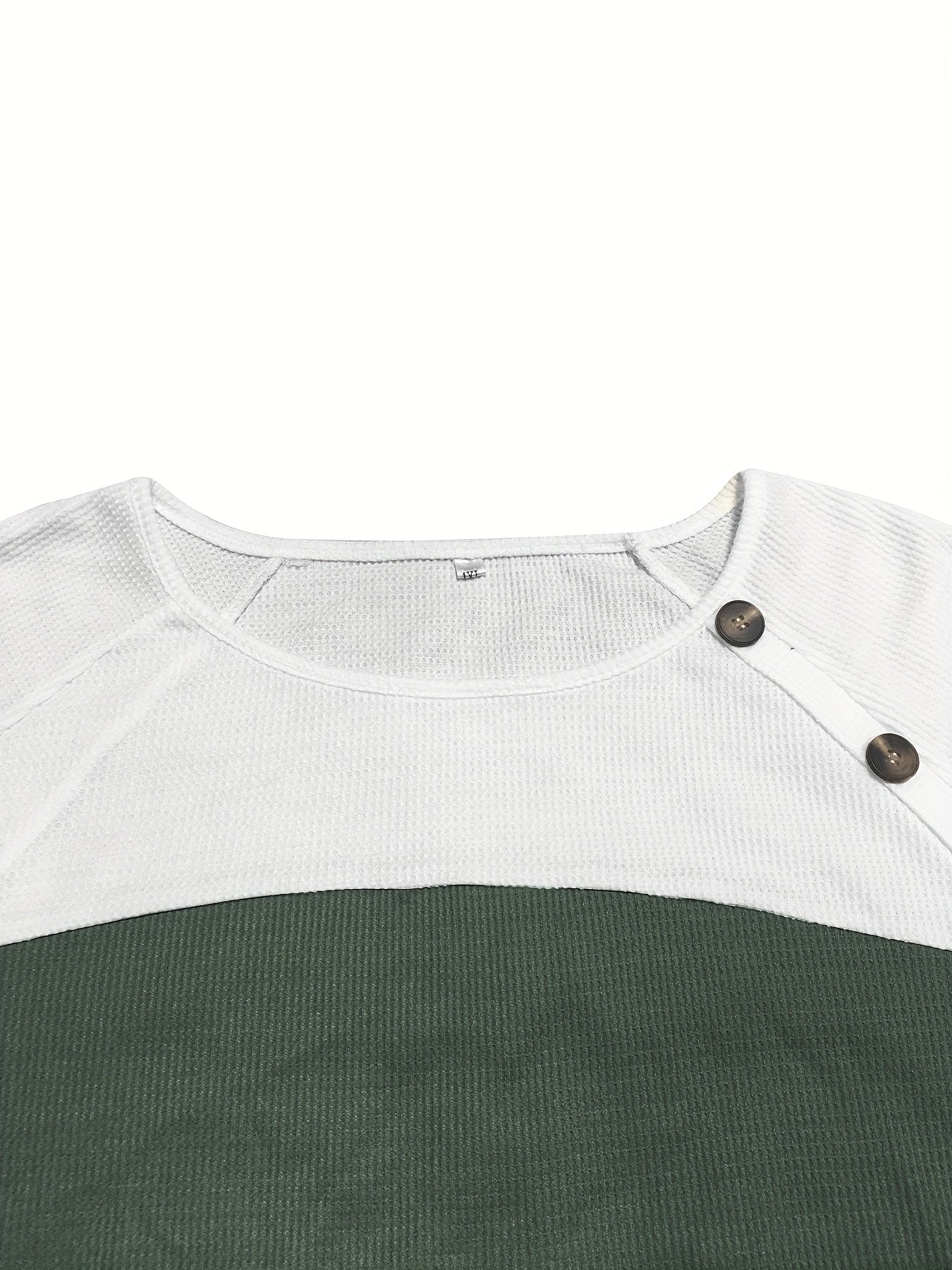 Women's Colorblock Button Decor Waffle Pattern Long Sleeve Round Neck Top