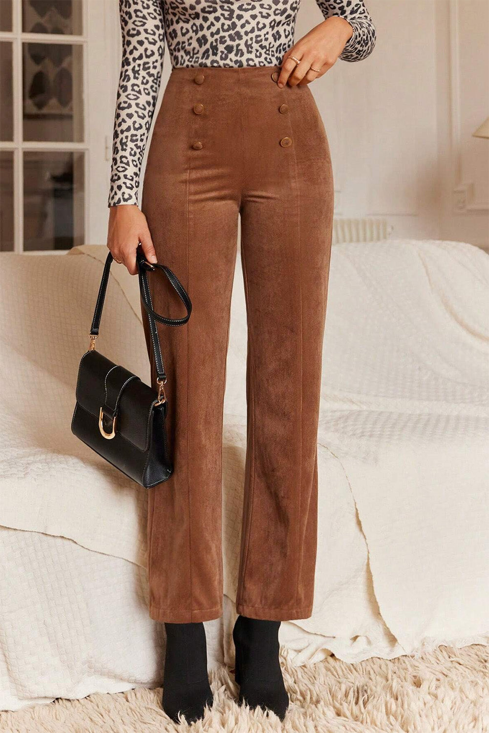 Chestnut Solid Color Double Breasted Straight Leg Pants