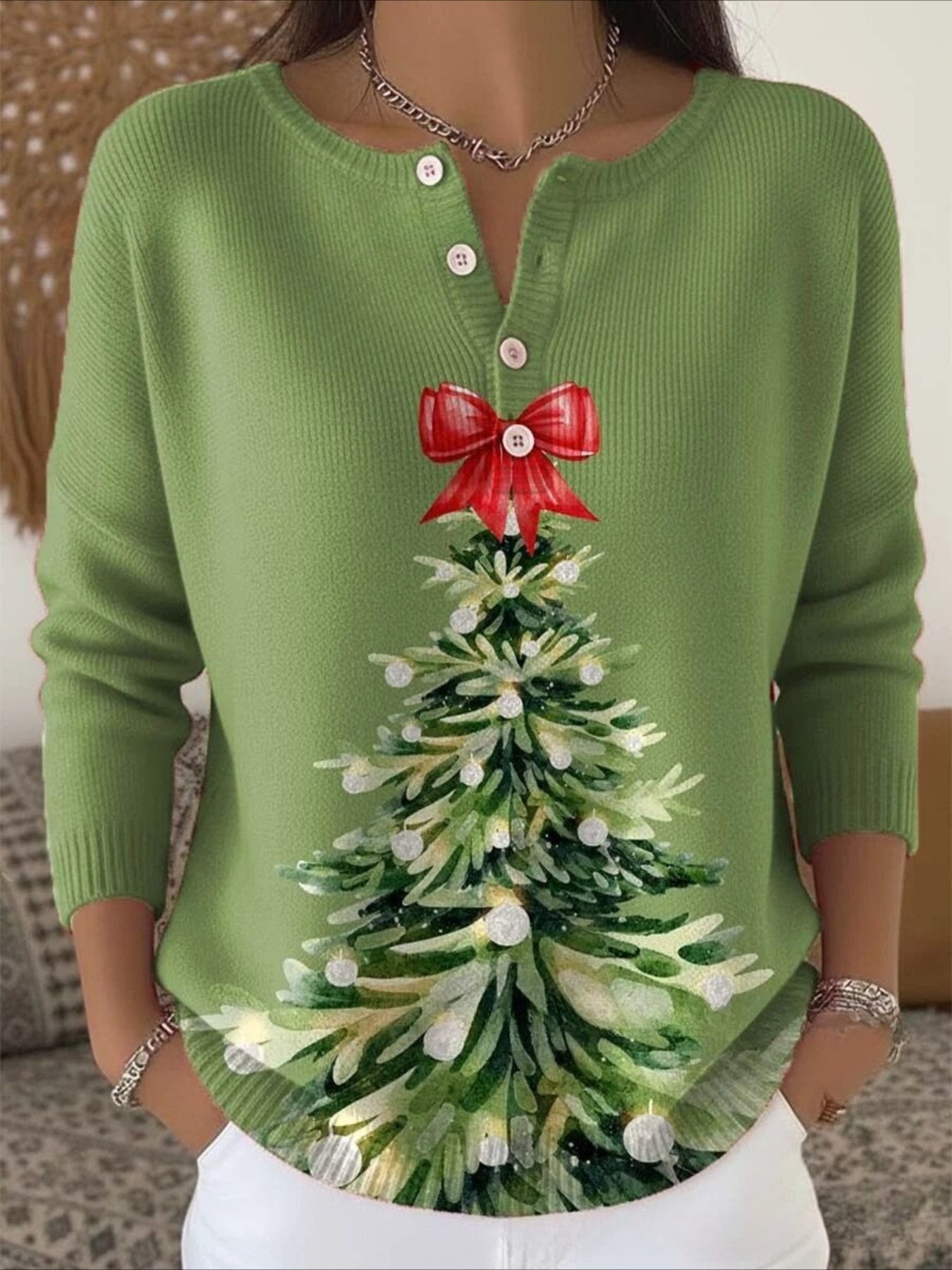 Christmas Green Tree Art Print Buttoned Sweater Tee