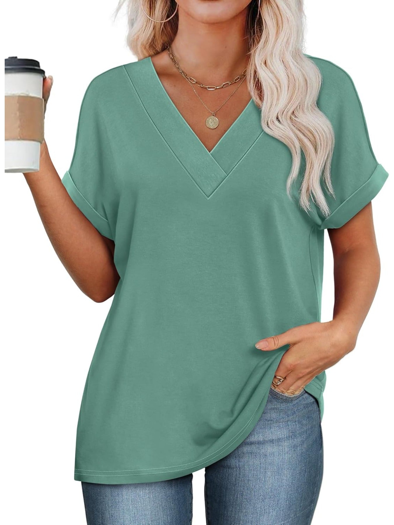 Solid Color V Neck Short Dolman Sleeve Shirts