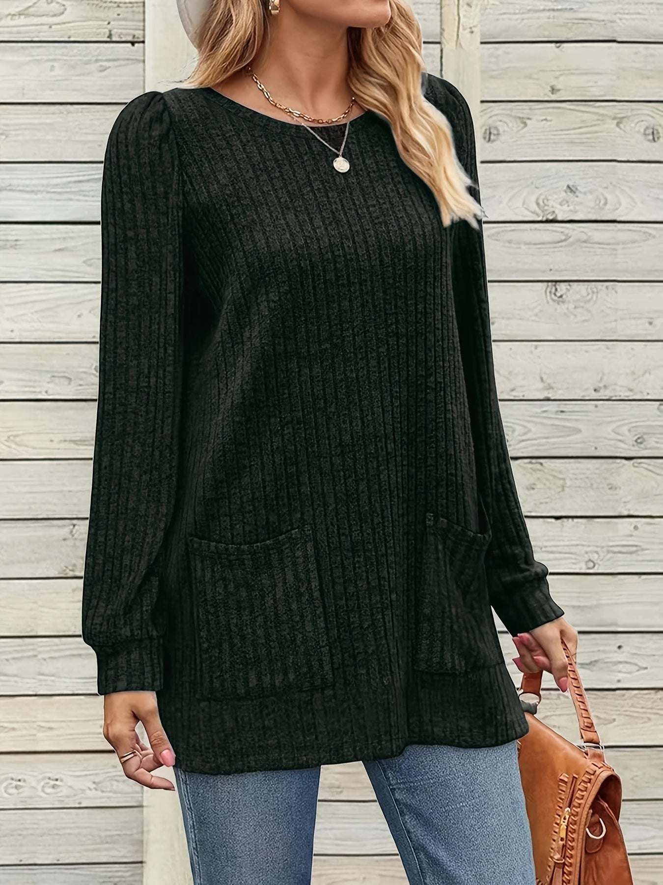 Casual Top, Women's Solid Ribbed Long Sleeve Round Neck Medium Stretch Top With Pockets