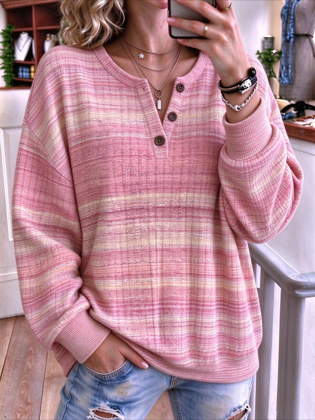 Abstract Regular Fit Casual Henley Collar Sweatshirt