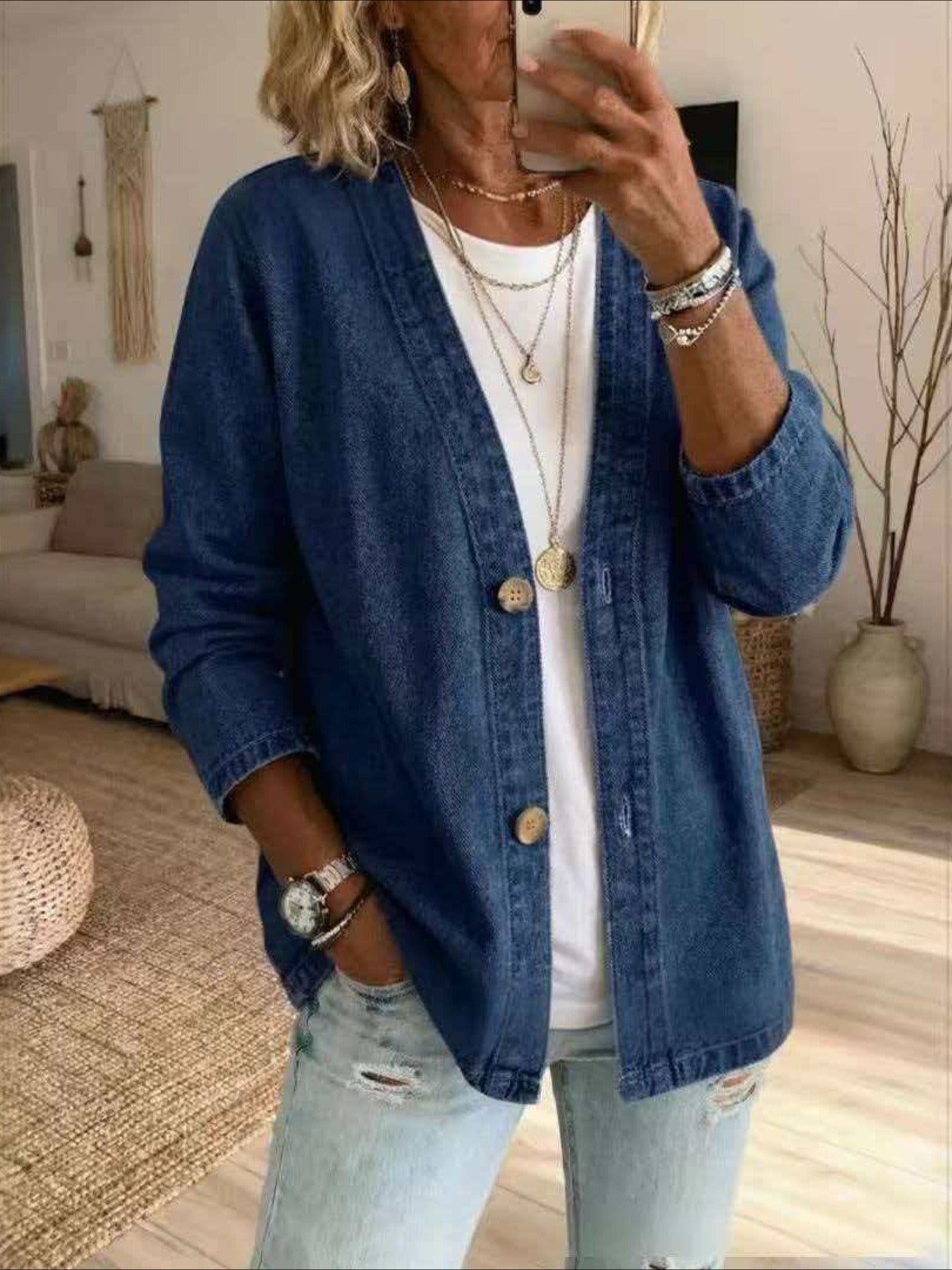 Long Sleeve Casual V Neck Denim Cardigan Jacket