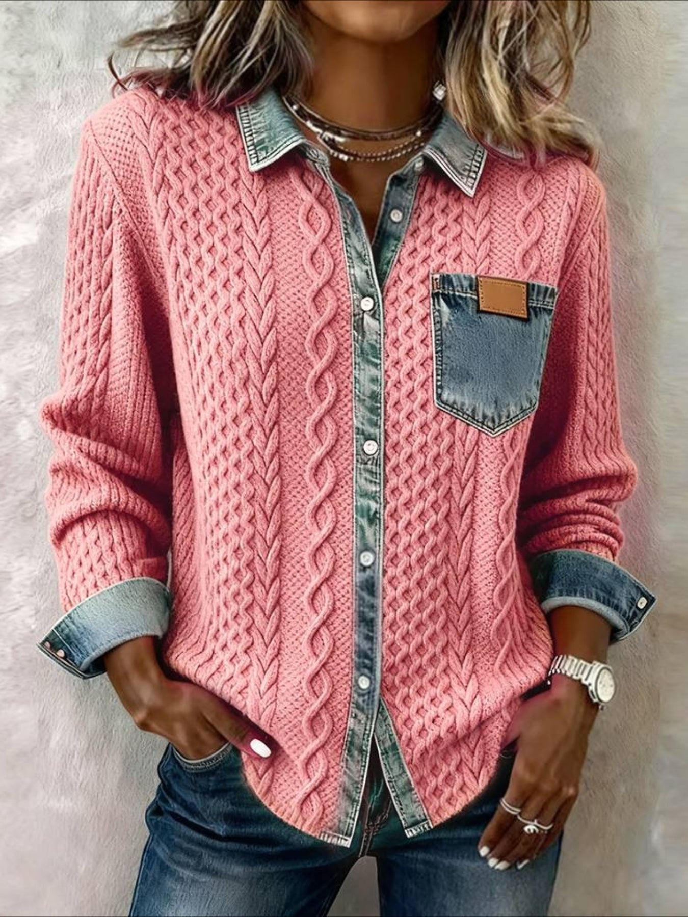 Multicolor Block Denim Patchwork Elegant Loose Shawl Collar Cardigan