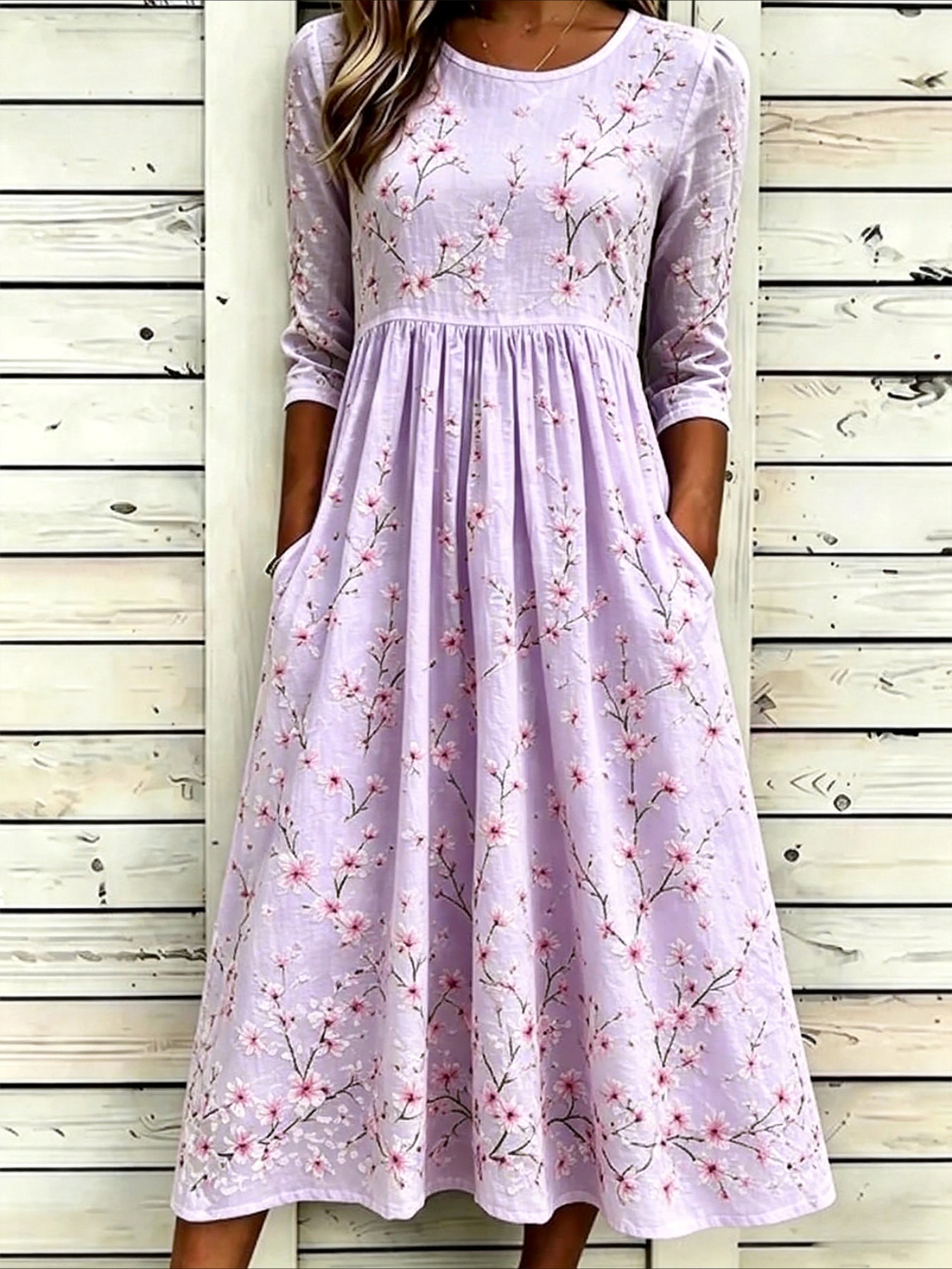 Flower Casual Round Neck Half Sleeve Mid Dress