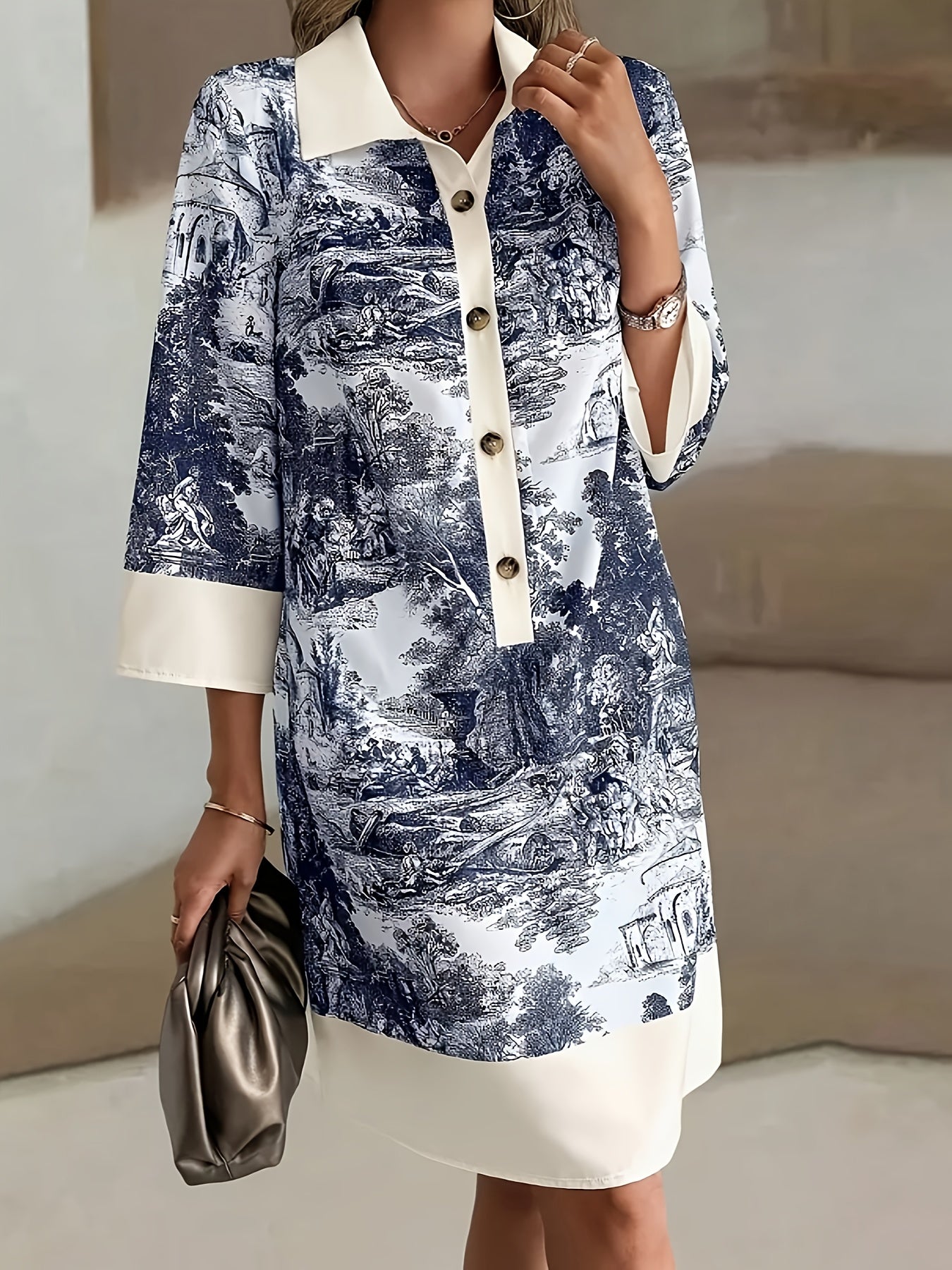 Long Sleeves and Pockets Loose Fit Floral Print Shirt Dress with Button Front