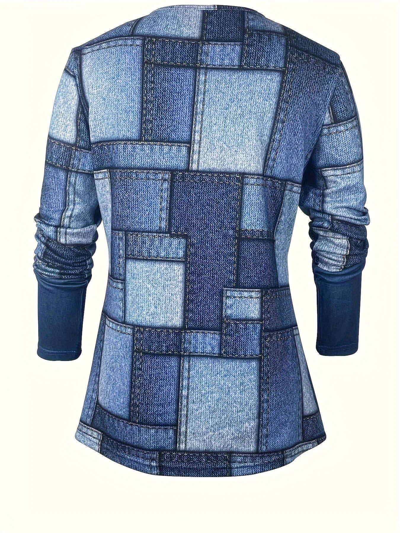 Patchwork Print Button Decor Tunics, Casual Long Sleeve V-neck