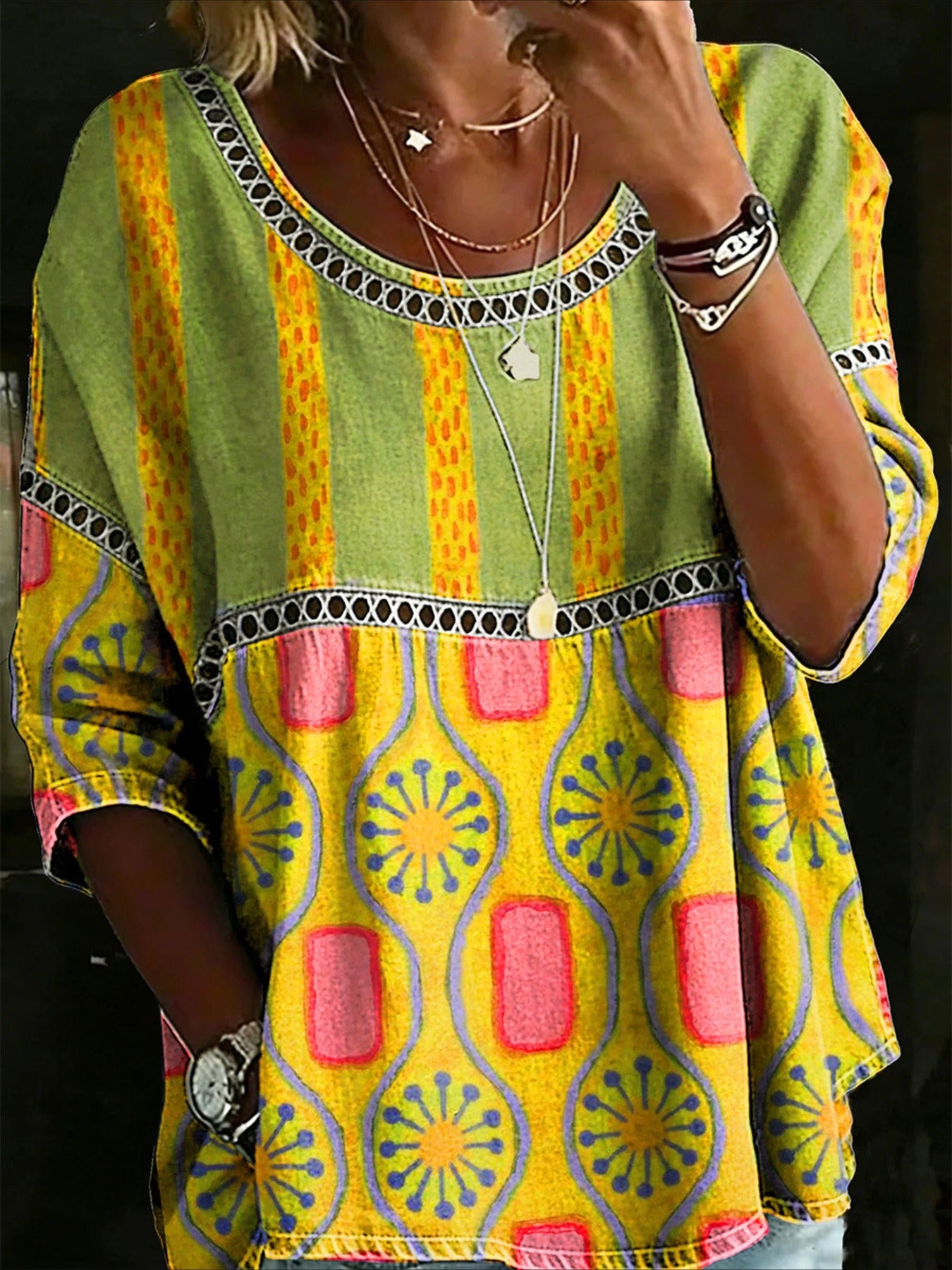 Printed Mid Sleeve Pleated Round Neck Top