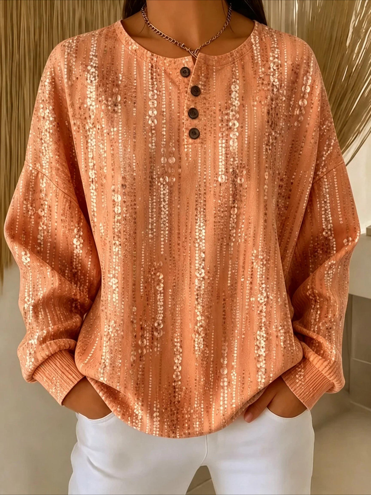 Abstract Henley Collar Long Sleeve Regular Sweatshirt