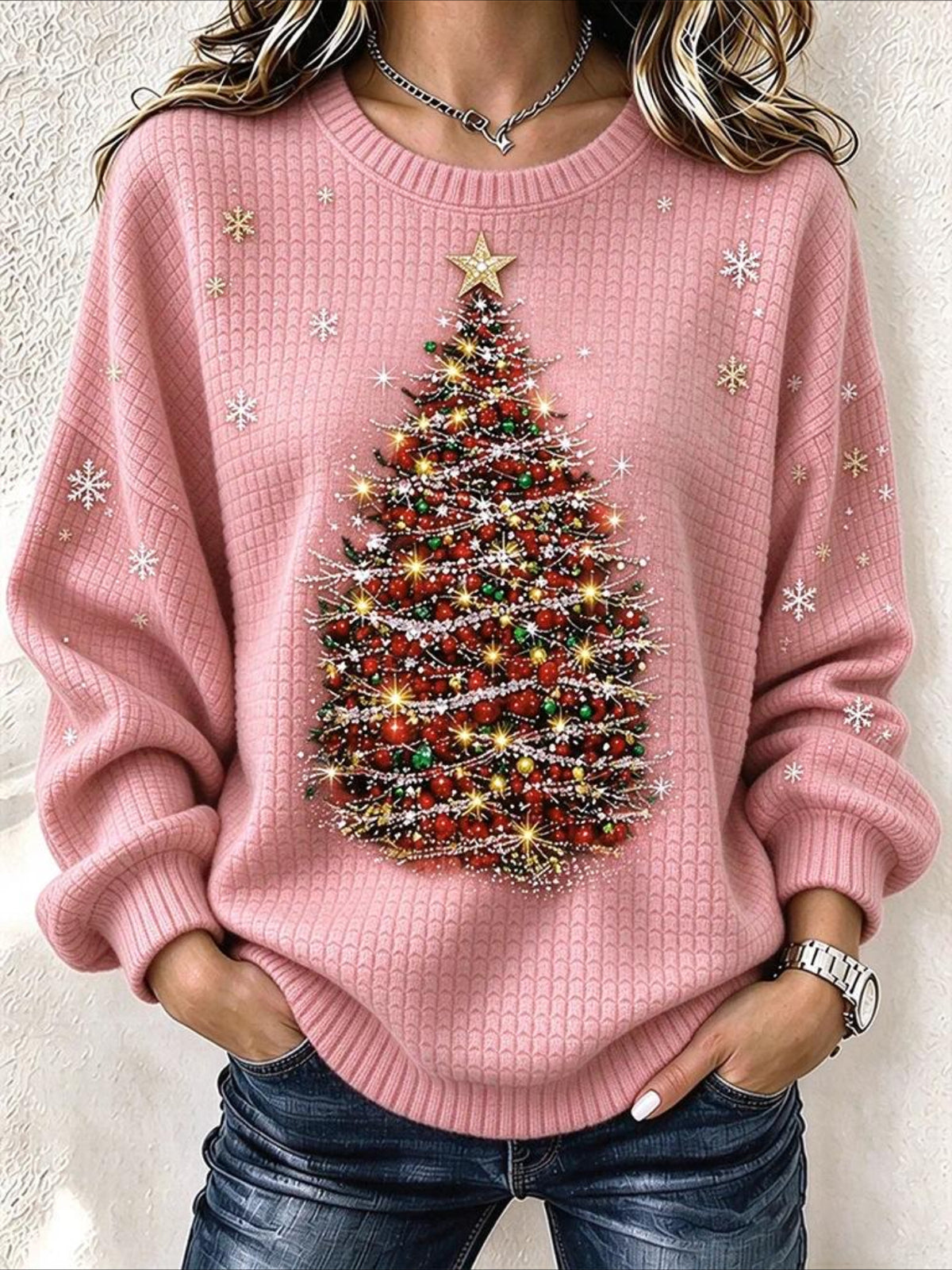 Regular Fit Crew Neck Christmas Tree Casual Sweatshirt