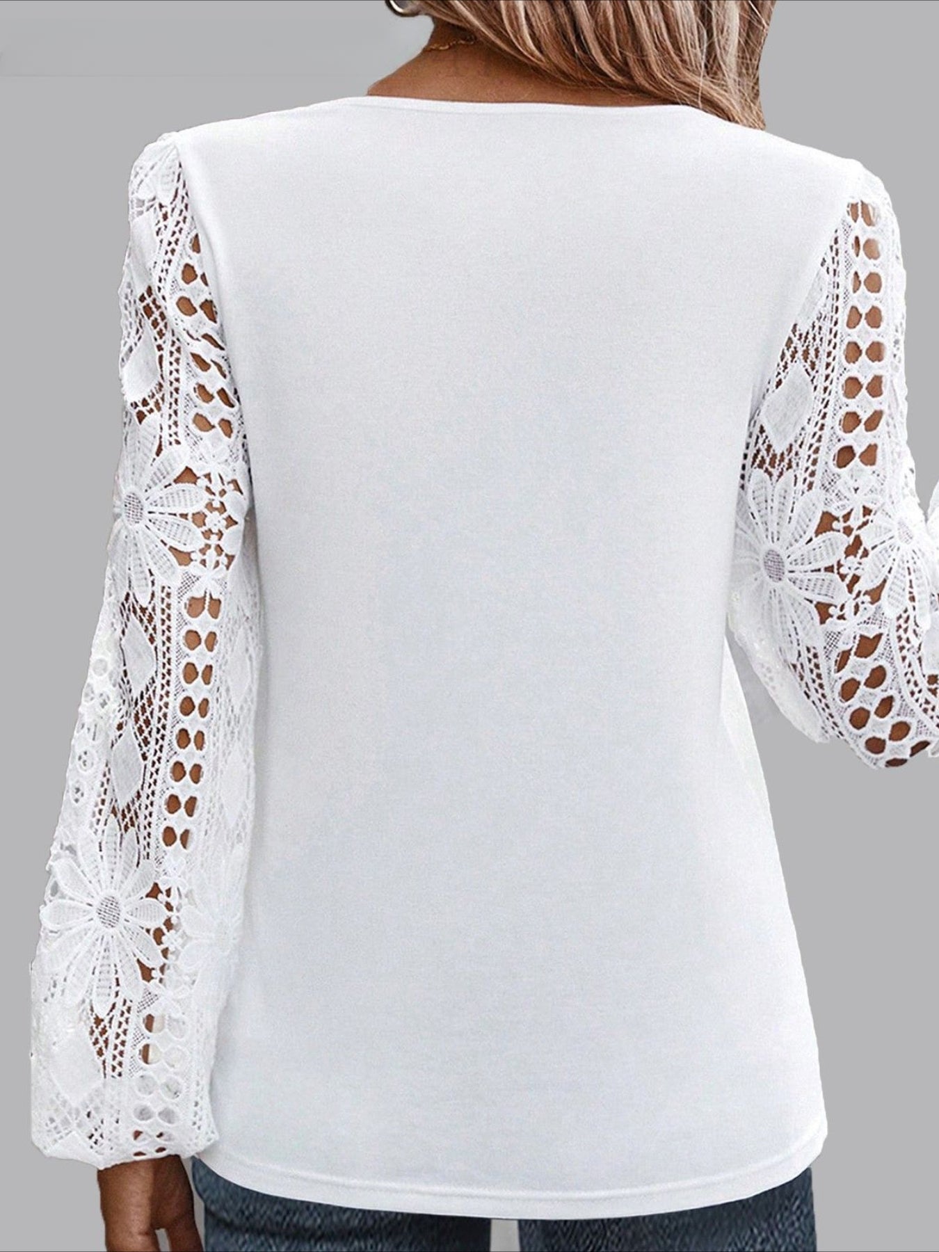Eyelet Casual Solid Color Regular Long Sleeve Asymmetrical Lace Patchwork Tops